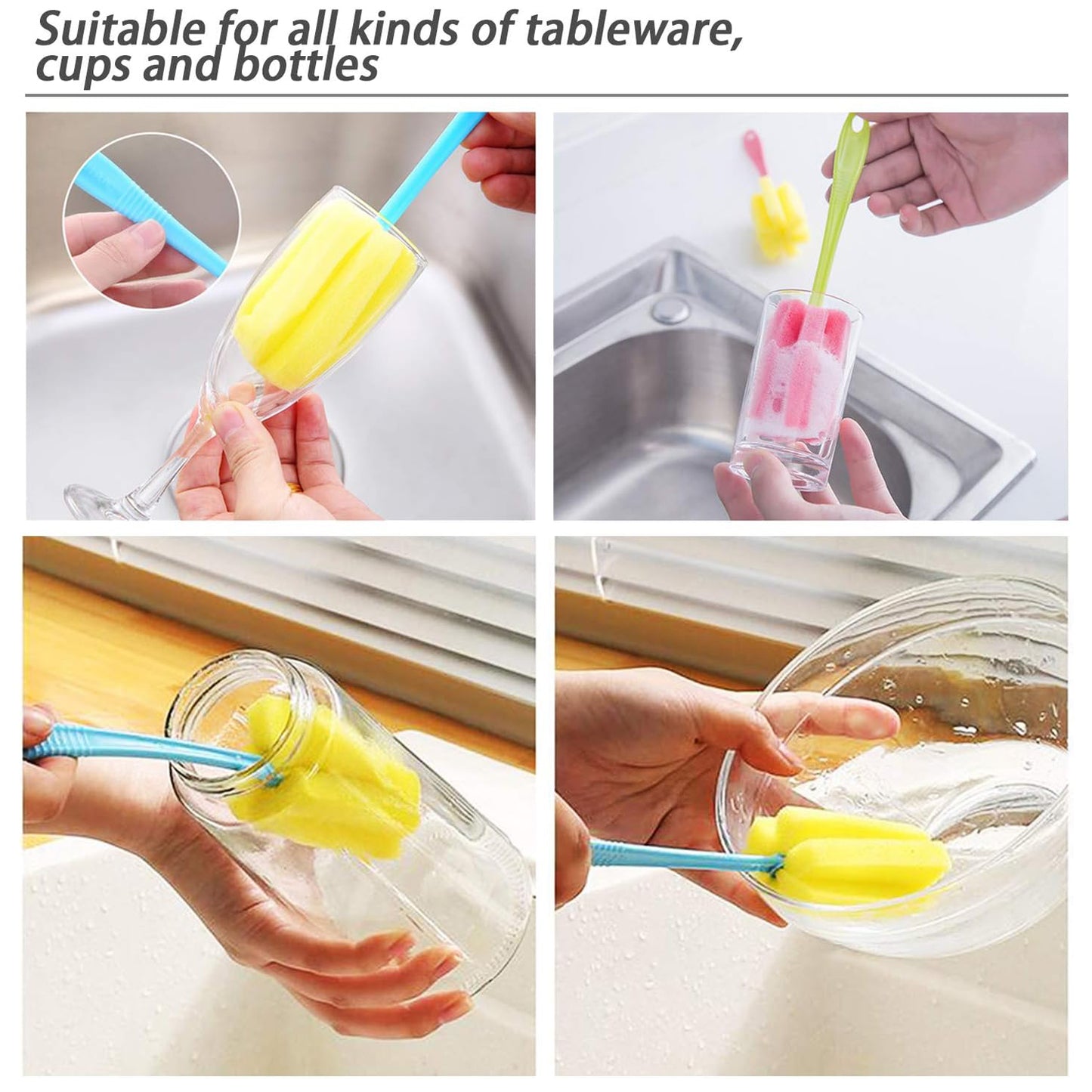 Long-Handle Bottle & Glass Scrubber with High-Density Sponge