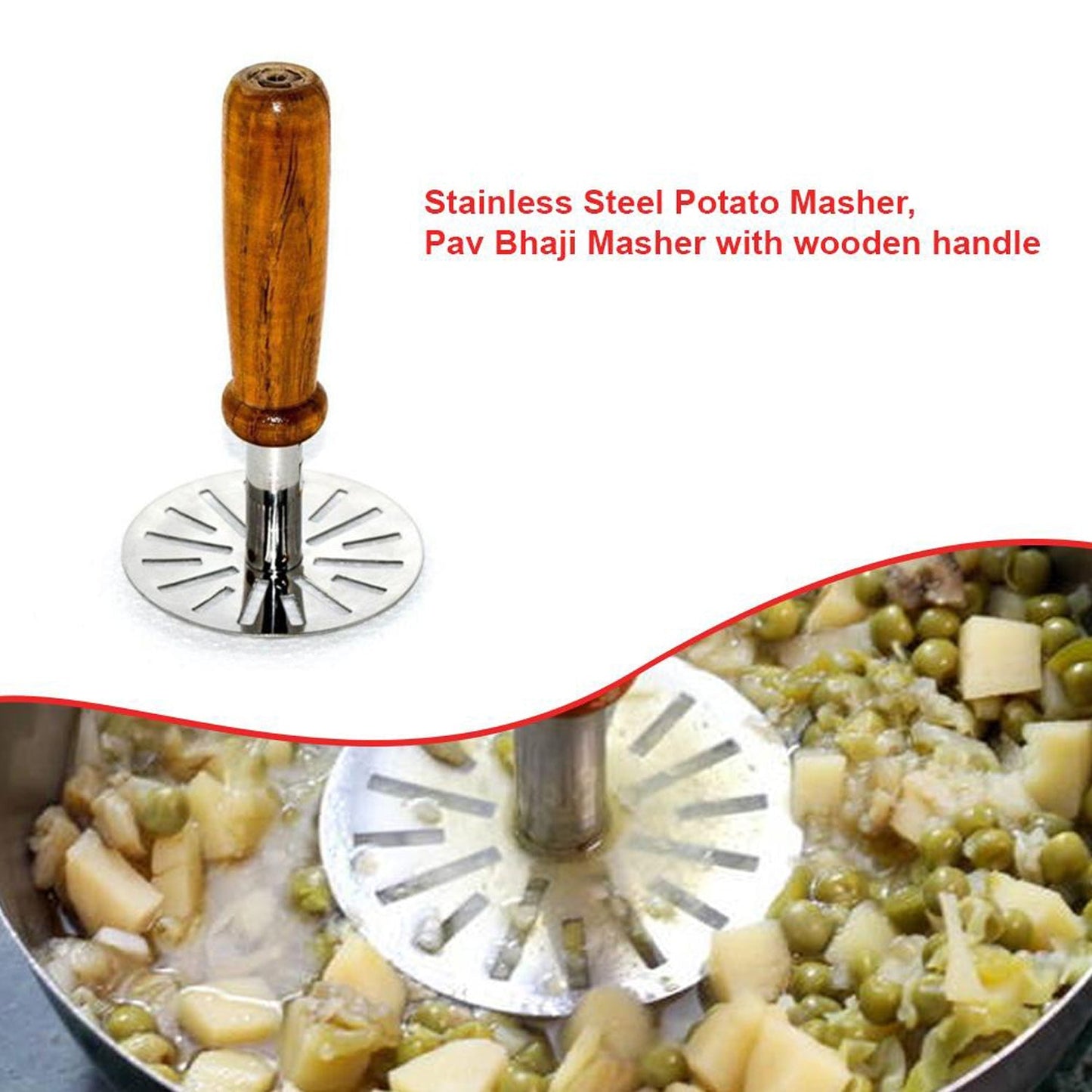 Premium Stainless Steel Vegetable & Potato Masher with Wooden Handle | Pav Bhaji Smasher | Multi-Purpose Kitchen Press Tool